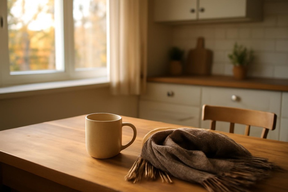 Soft autumn morning light on a cozy kitchen table with a mug and scarf