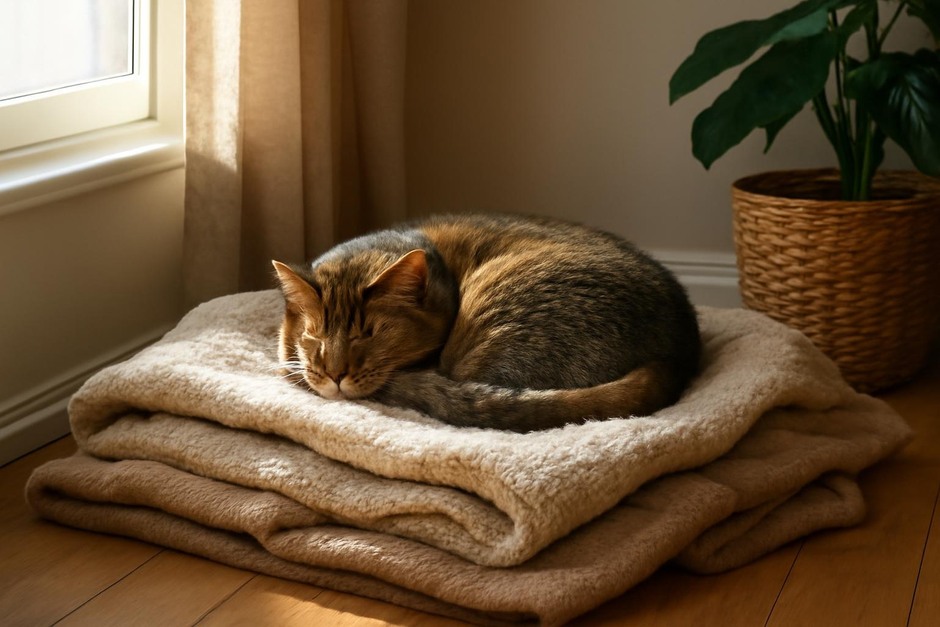 A cat curled up on a layered blanket in a sunny corner