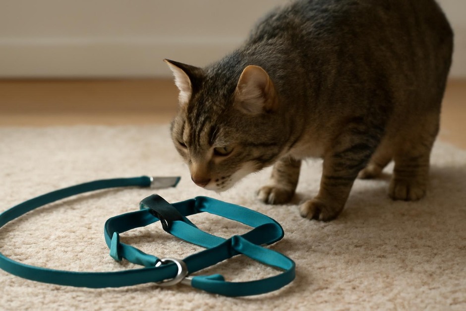 Cat sniffing a harness on a rug